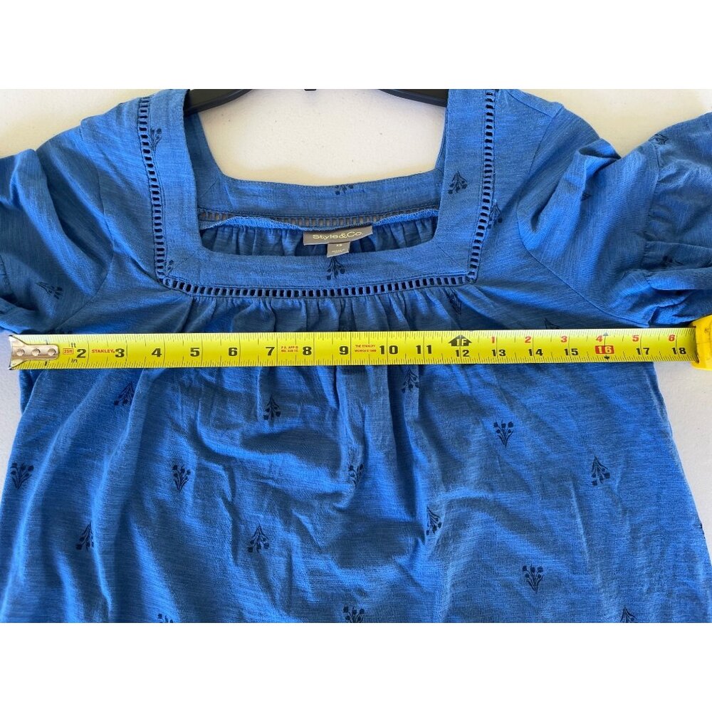 Style & Co Blue Tulip Top With Crochet Trim Short Sleeves Womens XS Cotton Modal - Picture 5 of 9